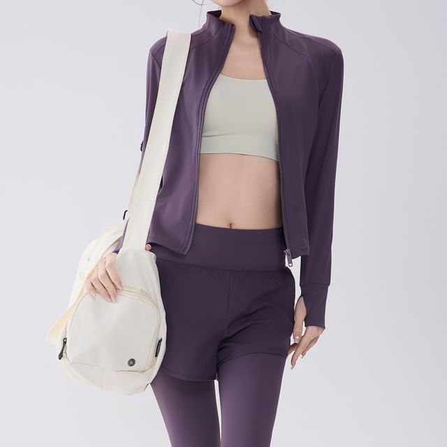 Runyz-Set Stand Collar Plain Sport Zip Jacket Mock Two Piece Yoga Pants
