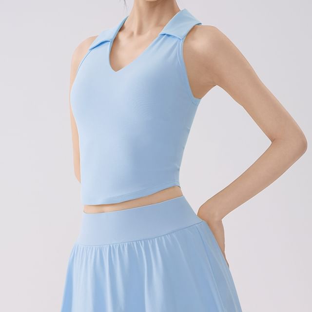 Runyz-Sleeveless Collared Plain Crop Sports Top