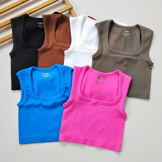 Runyz-Square-Neck Plain Crop Sport Tank Top