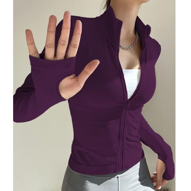 Runyz-Stand Collar Plain Zip Yoga Jacket