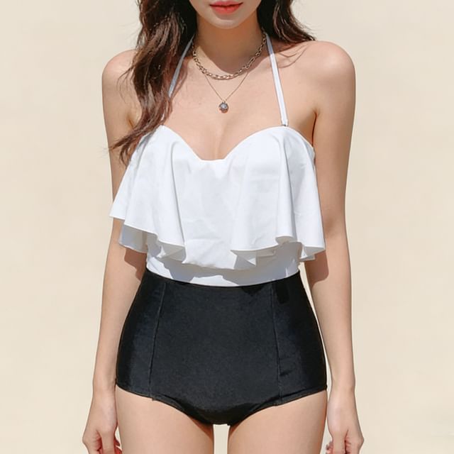 Sabbia-Halter Neck Two Tone Ruffle Swimsuit