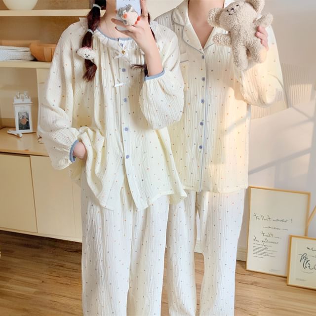 Sadelle-Couple Matching Set Long-Sleeve Dotted Top Pants