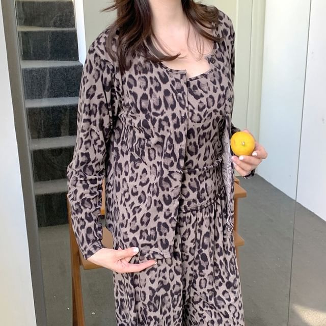 Sadelle-Pajama Set Leopard Print Camisole Top Light Jacket Pajama Pants