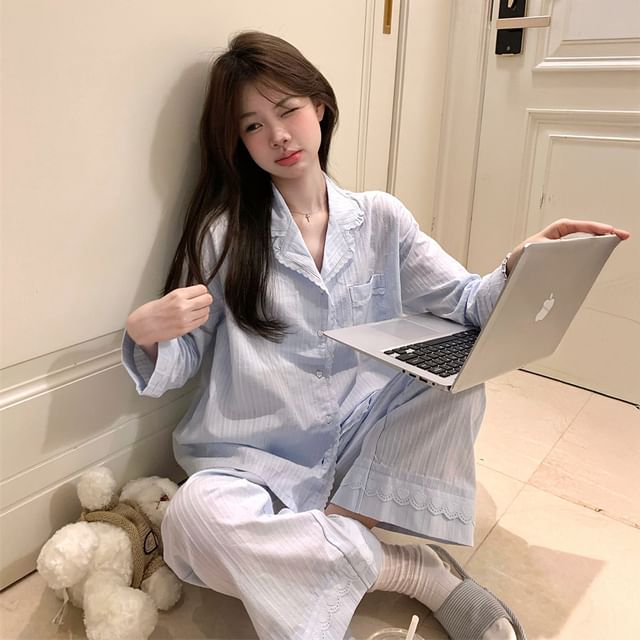 Sadelle-Pajama Set Long Sleeve Collared Plain Textured Panel Shirt High Waist Straight Leg Pants