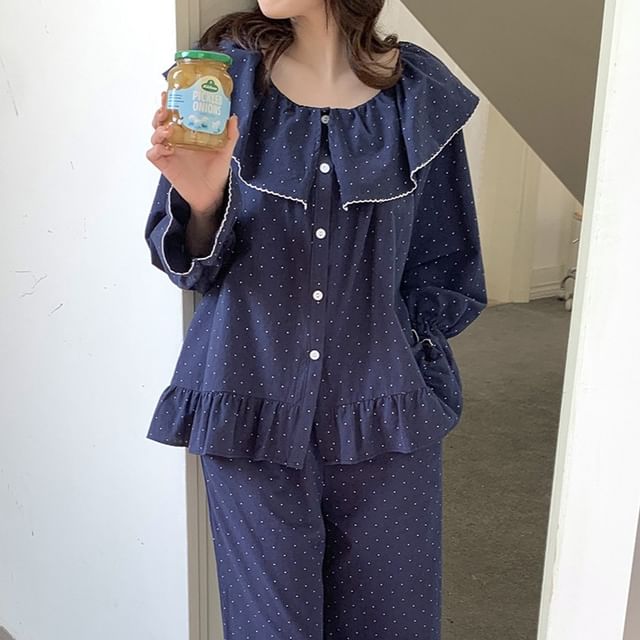 Sadelle-Pajama Set Long-Sleeve Ruffle Collar Micro Dot Button-Up Top Pants