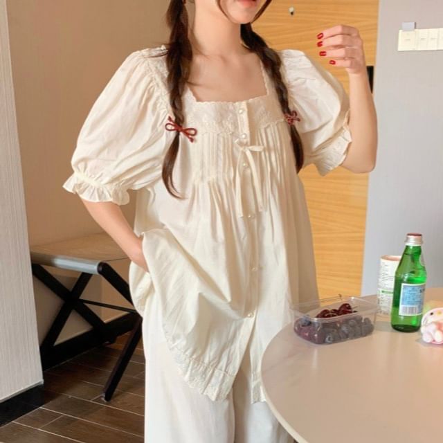 Sadelle-Pajama Set Puff-Sleeve Square Neck Lace Panel Pintuck Button-Up Top Pants