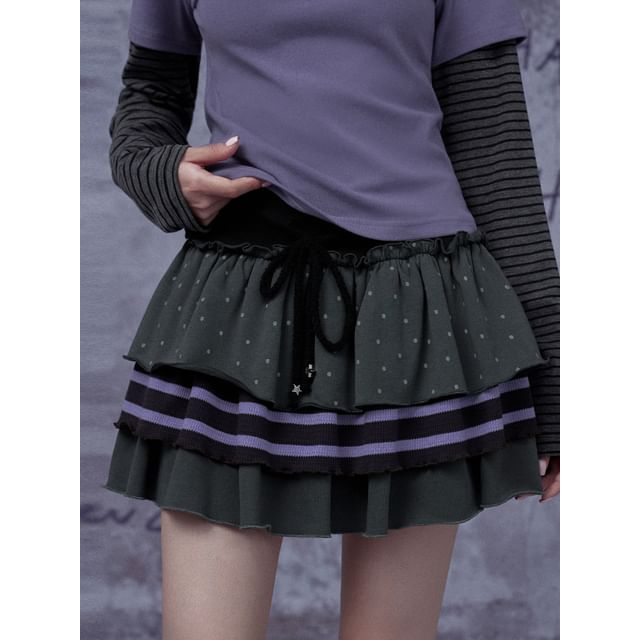 Sagidolls-Drawstring Waist Micro Dot Striped Panel Tiered Mini A-Line Skirt