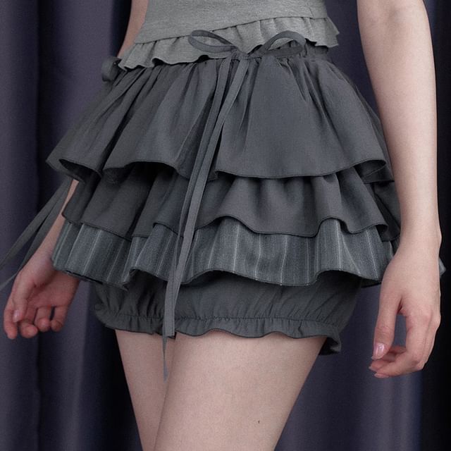 Sagidolls-High Waist Plain Ruffle Trim Skorts