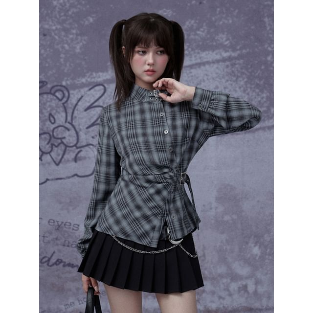 Sagidolls-Long-Sleeve Stand Collar Plaid Asymmetrical Buckled Button-Up Blouse