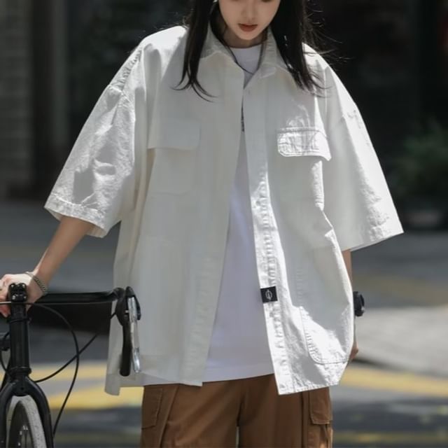 Samso-34-Sleeve Plain Pocket Front Oversized Shirt