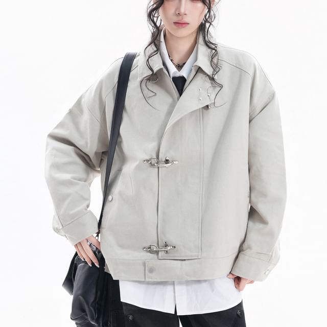 Samso-Collared Buckled Zip-Up Plain Jacket
