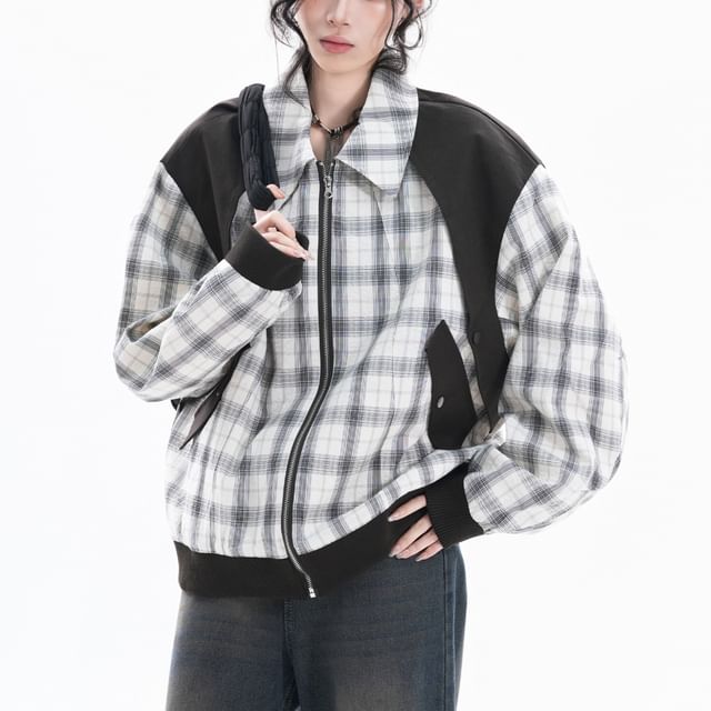 Samso-Collared Plaid Zip-Up Jacket