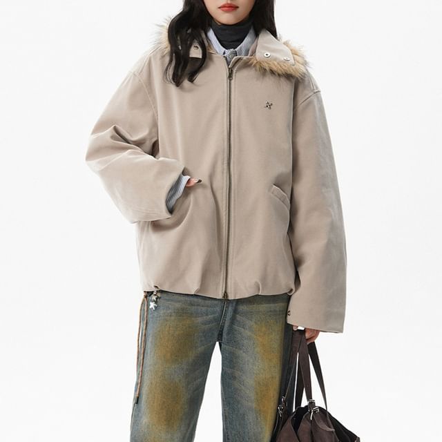 Samso-Collared Plain Fluffy Trim Faux Suede Zip Jacket