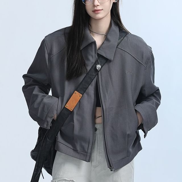 Samso-Collared Zip-Up Plain Barn Jacket