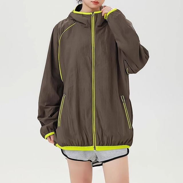 Samso-Contrast Trim Hooded Zip-Up Jacket