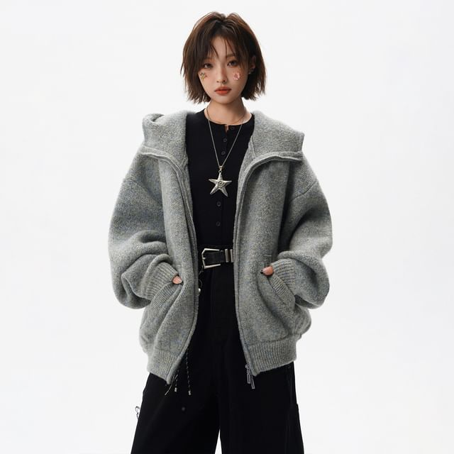 Samso-Couple Matching Plain Hood Zip Cardigan