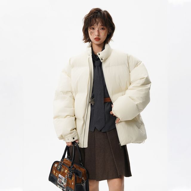 Samso-Couple Matching Stand Collar Plain Zip Puffer Jacket