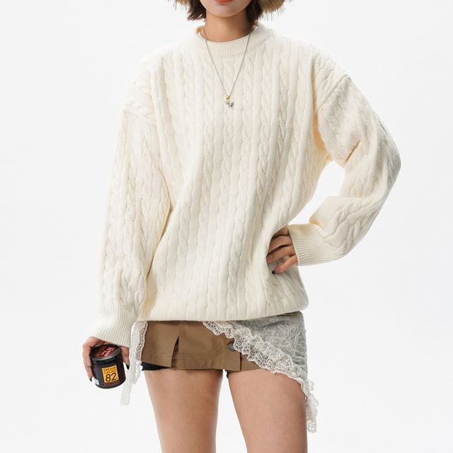 Samso-Crew Neck Plain Cable Knit Sweater