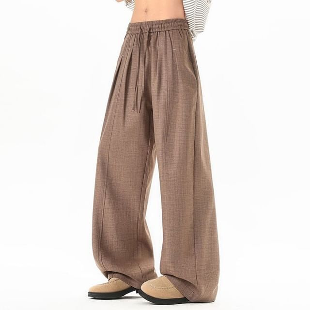 Samso-Drawstring Waist Contrast Stitch Pleated Baggy Pants