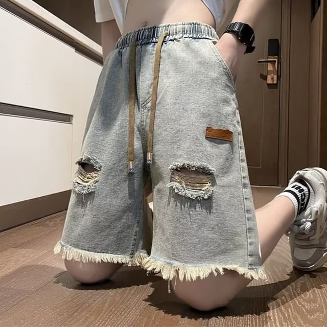 Samso-Drawstring Waist Distressed Denim Shorts