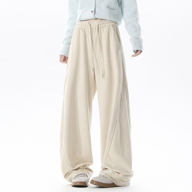 Samso-Drawstring Waist Plain Baggy Pants