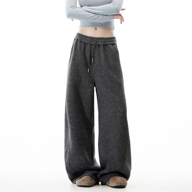 Samso-Drawstring Waist Plain Barrel Leg Baggy Pants