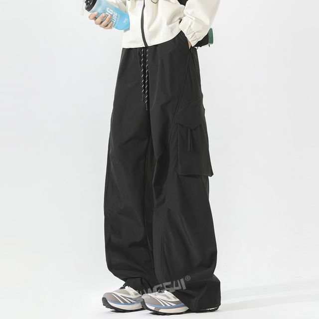 Samso-Drawstring Waist Plain Cargo Baggy Pants