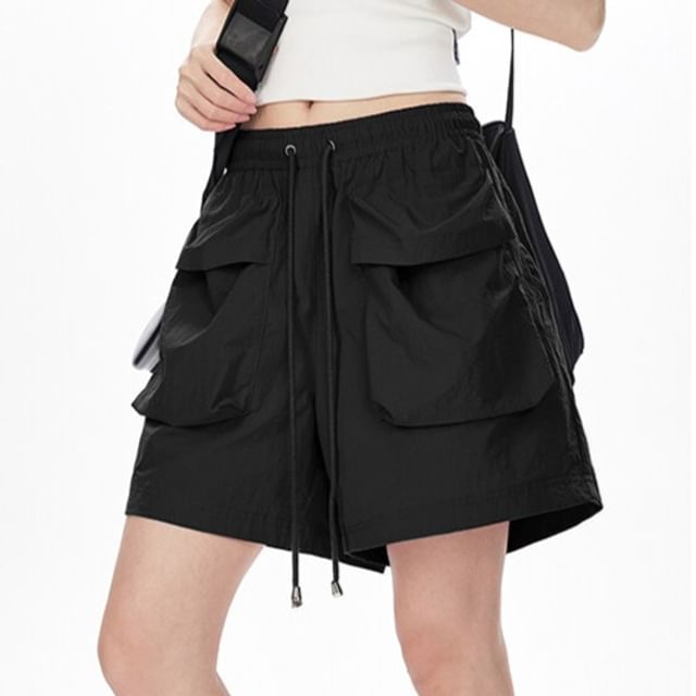 Samso-Drawstring Waist Plain Cargo Shorts