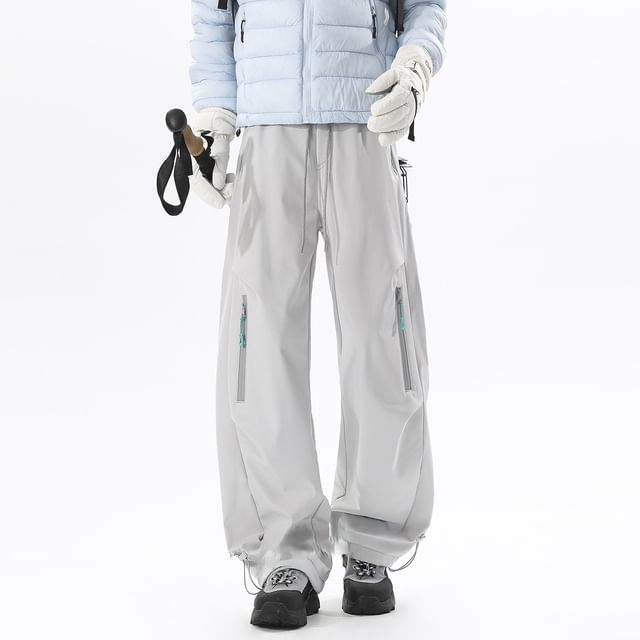 Samso-Drawstring Waist Plain Fleece Lined Wide Leg Pants