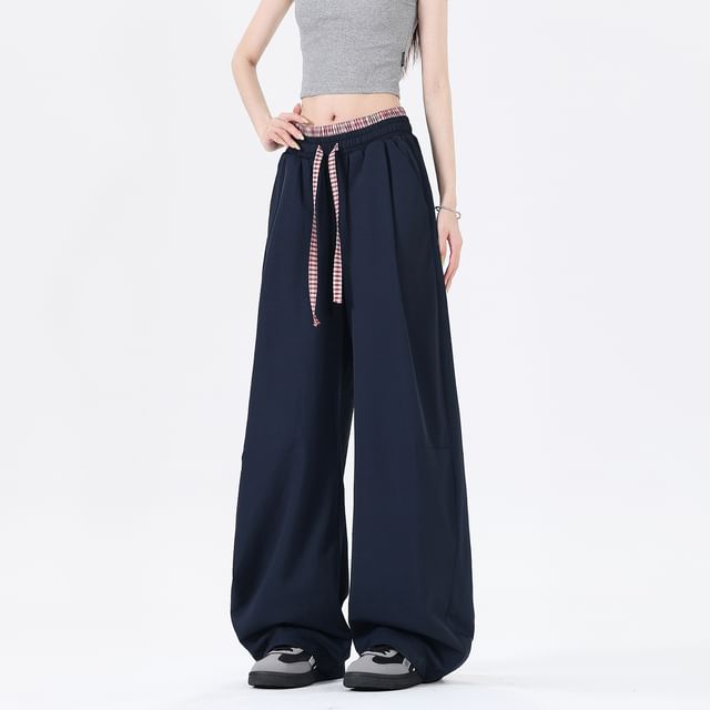 Samso-Drawstring Waist Plain Plaid Panel Baggy Pants