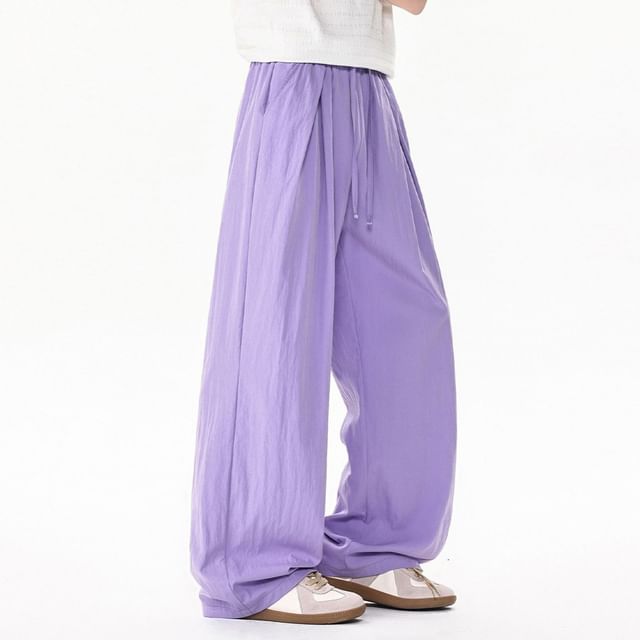 Samso-Drawstring Waist Plain Pleated Wide Leg Pants