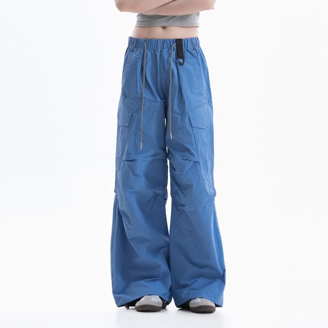 Samso-Drawstring Waist Plain Wide Leg Cargo Pants