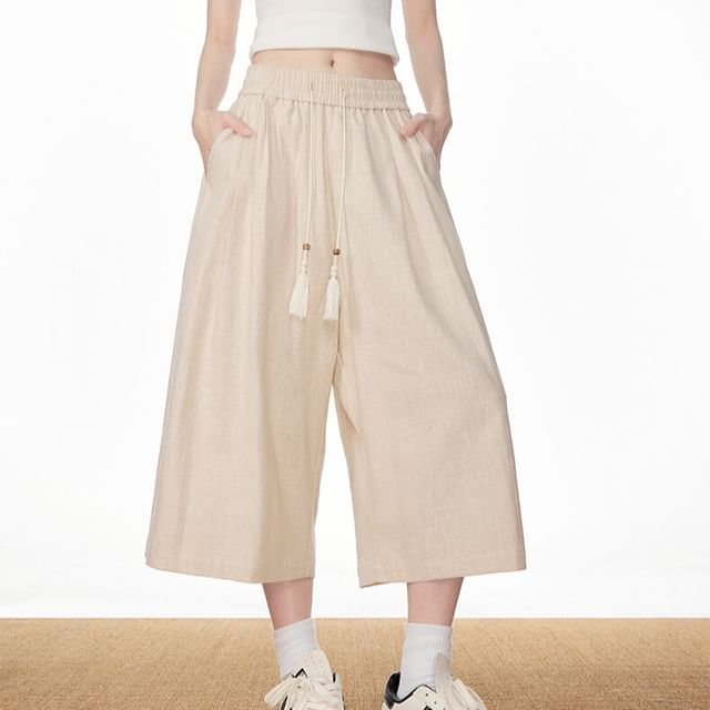 Samso-Drawstring Waist Plain Wide Leg Shorts