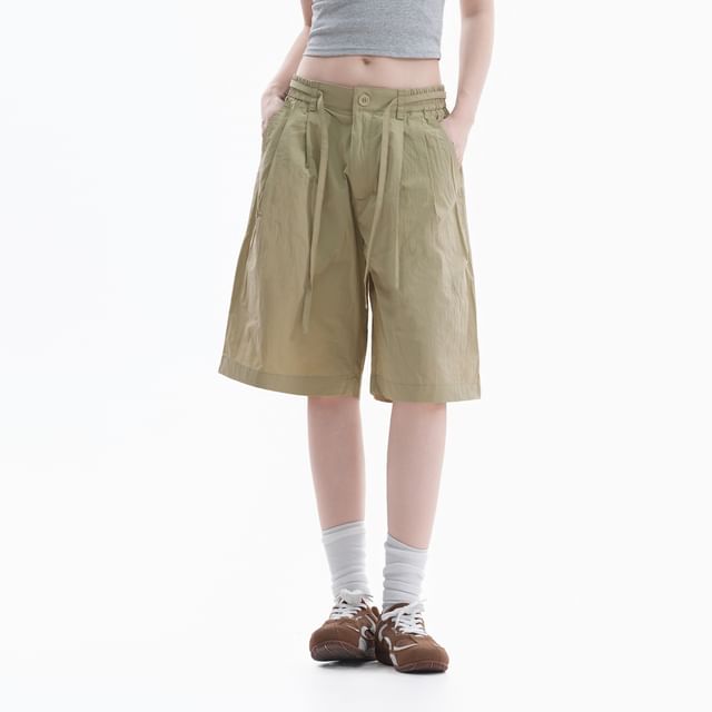 Samso-Drawstring Waist Plain Wide Leg Shorts