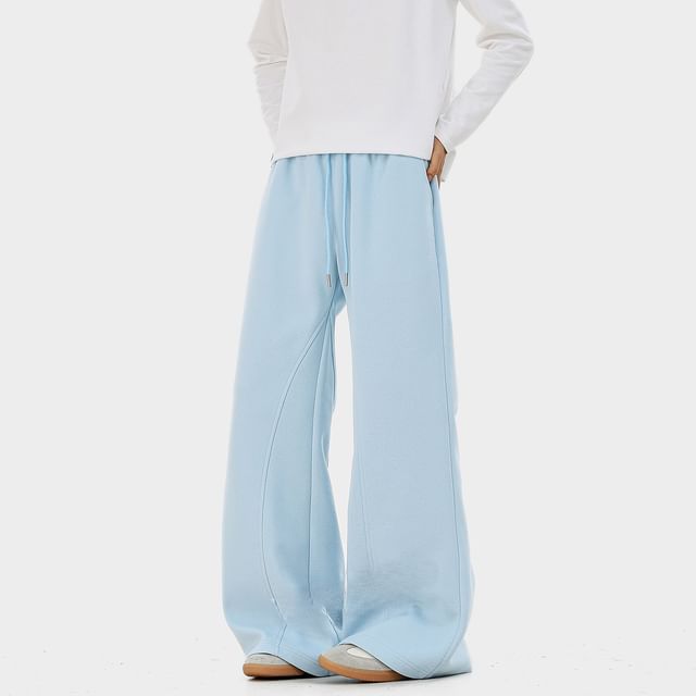 Samso-Drawstring Waist Plain Wide Leg Sweatpants
