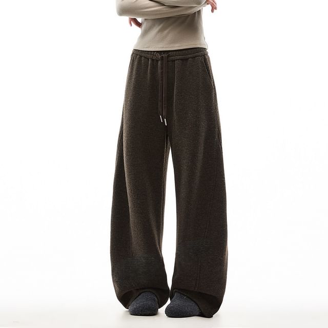 Samso-Drawstring Waist Plain Wide Leg Sweatpants