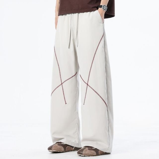 Samso-Drawstring Waist Stitching Wide Leg Pants