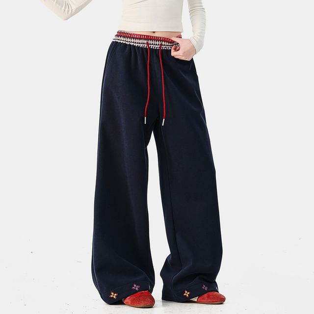 Samso-Drawstring Waist Wide Leg Sweatpants
