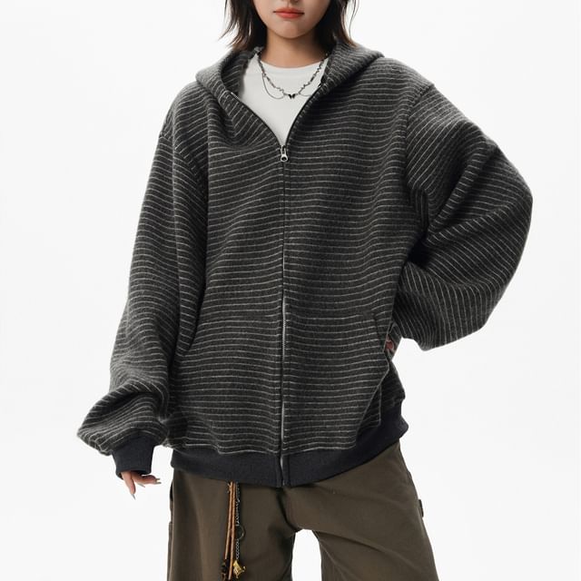 Samso-Drop Shoulder Striped Zip Hoodie