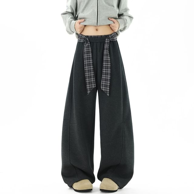 Samso-Elastic Waist Plaid Panel Baggy Sweatpants