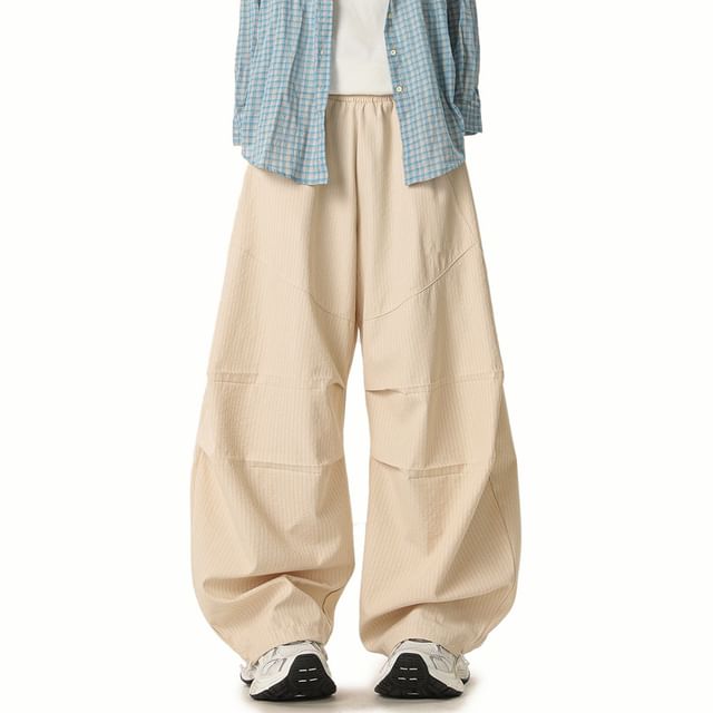 Samso-Elastic Waist Plain Wide Leg Cargo Pants
