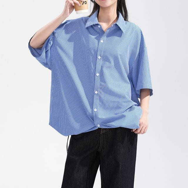 Samso-Elbow-Sleeve Button-Up Plaid Shirt