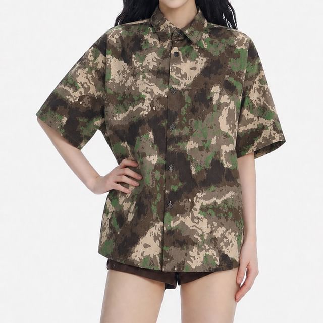 Samso-Elbow-Sleeve Camouflage Print Button-Up Shirt