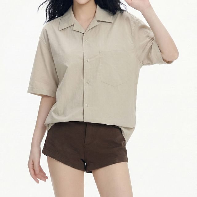 Samso-Elbow-Sleeve Collared Plain Button Up Shirt