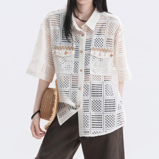 Samso-Elbow-Sleeve Collared Plain Crochet Knit Button Up Shirt