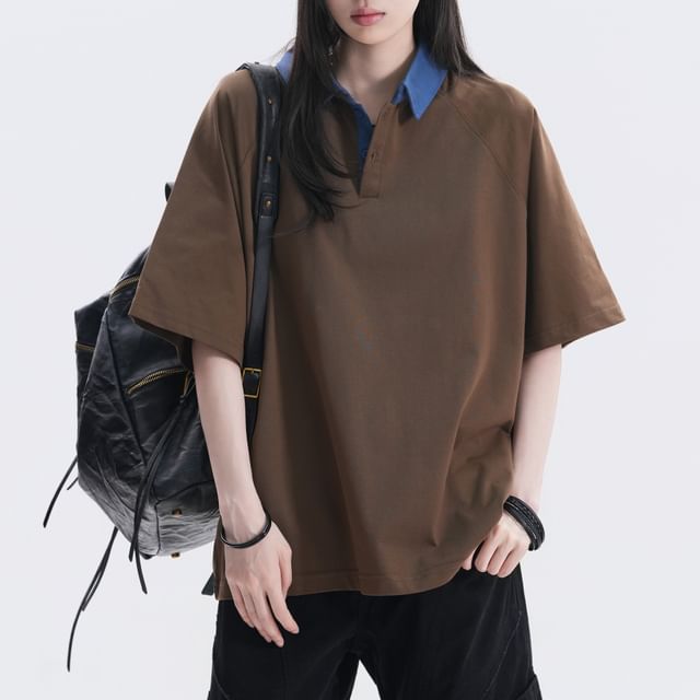 Samso-Elbow-Sleeve Collared Two Tone Oversized Polo Shirt
