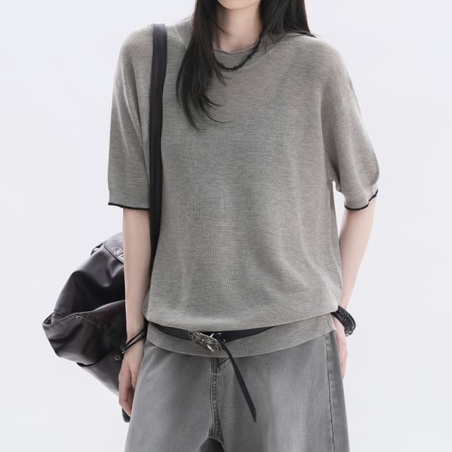 Samso-Elbow-Sleeve Crew Neck Plain Oversized Knit Top