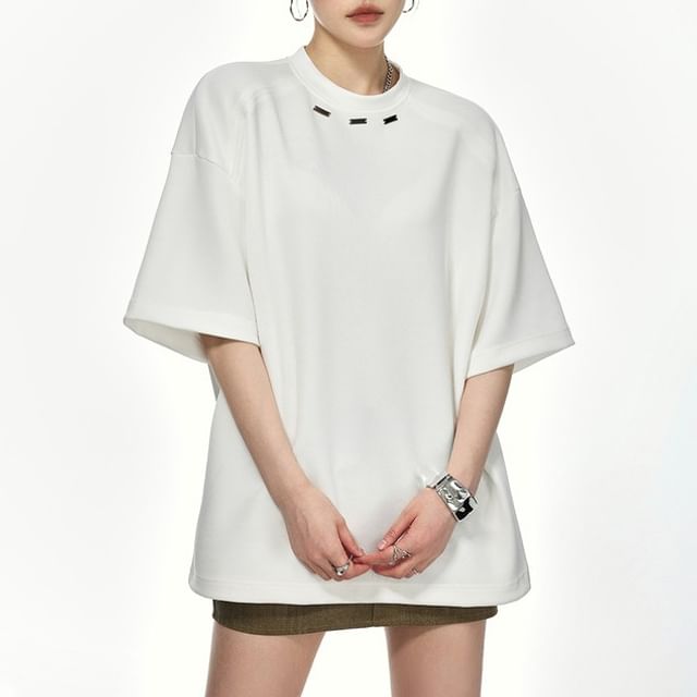 Samso-Elbow-Sleeve Crewneck Plain Tee