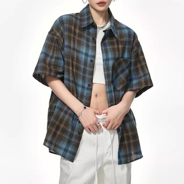 Samso-Elbow-Sleeve Plaid Pocketed Shirt