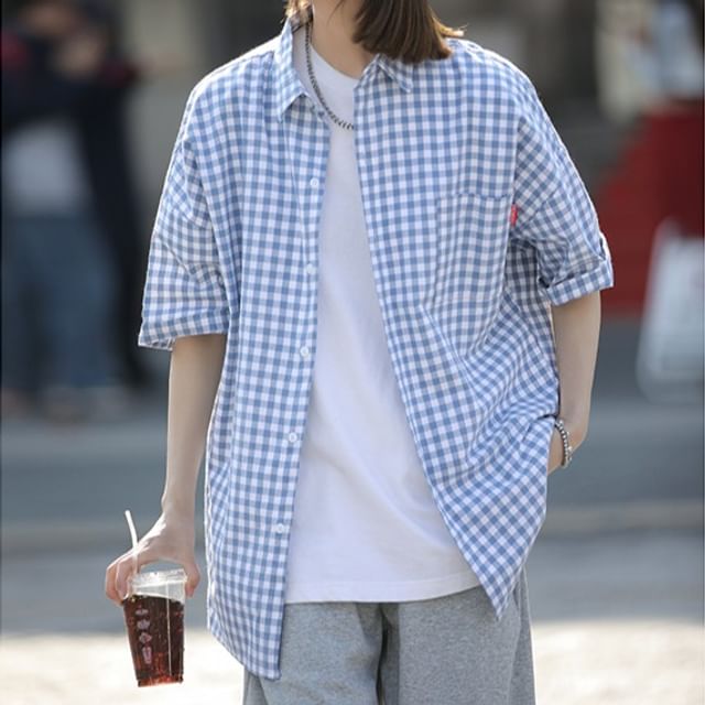 Samso-Elbow-Sleeve Pocketed Plaid Shirt